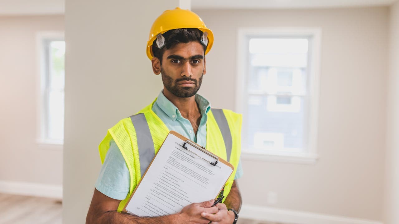 Fire safety audit with hard hat and clipboard